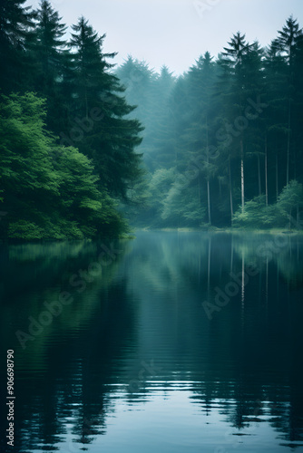 Serene forest lake with still reflections, lush green trees, misty ambiance, tranquil and peaceful scenery, deep greens and blues, serene natural landscape.