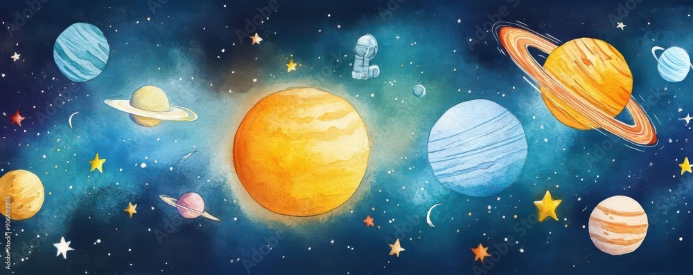 Fototapeta premium Creative and whimsical watercolor cartoon of deep space exploration featuring a telescope view filled with stars, planets, and nebulae