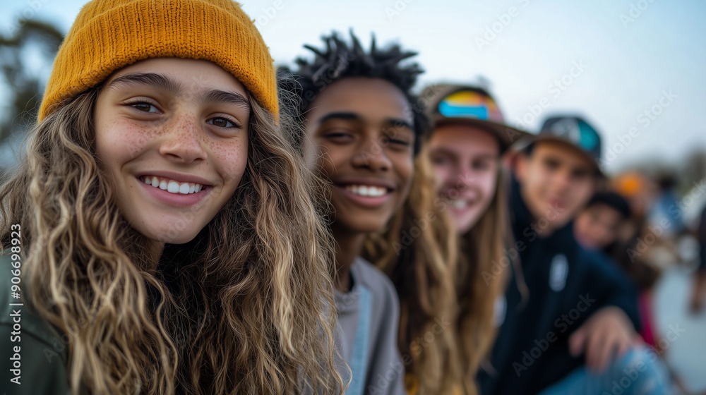 A group of teenagers hanging out at a skate park, demonstrating fun and friendship, urban and recreational aesthetics.
A group of teenagers hanging out at a skate park, demonstrating fun and friendship, urban and recreational aesthetics.