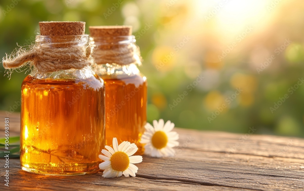Two glass jars filled with golden honey, adorned with twine, placed on a rustic wooden surface surrounded by blooming daisies. Two glass jars filled with golden honey, adorned with twine, placed on a rustic wooden surface surrounded by blooming daisies.