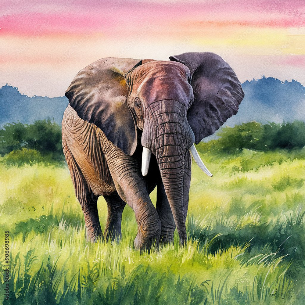 Naklejka premium Majestic African Elephant in Savanna at Sunset - Wildlife Watercolor Painting