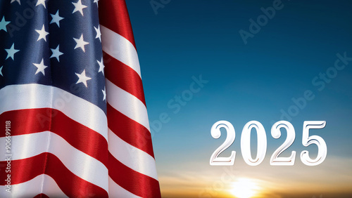 2025 year US American flag sunrise positive and uplifting with copy space