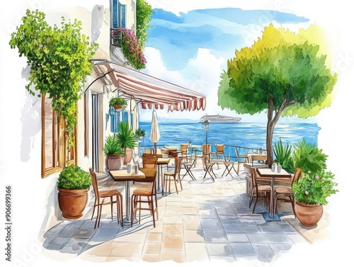 Relaxing at an outdoor cafe with espresso on a sunny summer vacation by the seaside in a tropical watercolor style