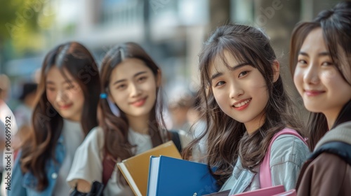 Beautiful Asian college girls pose with books