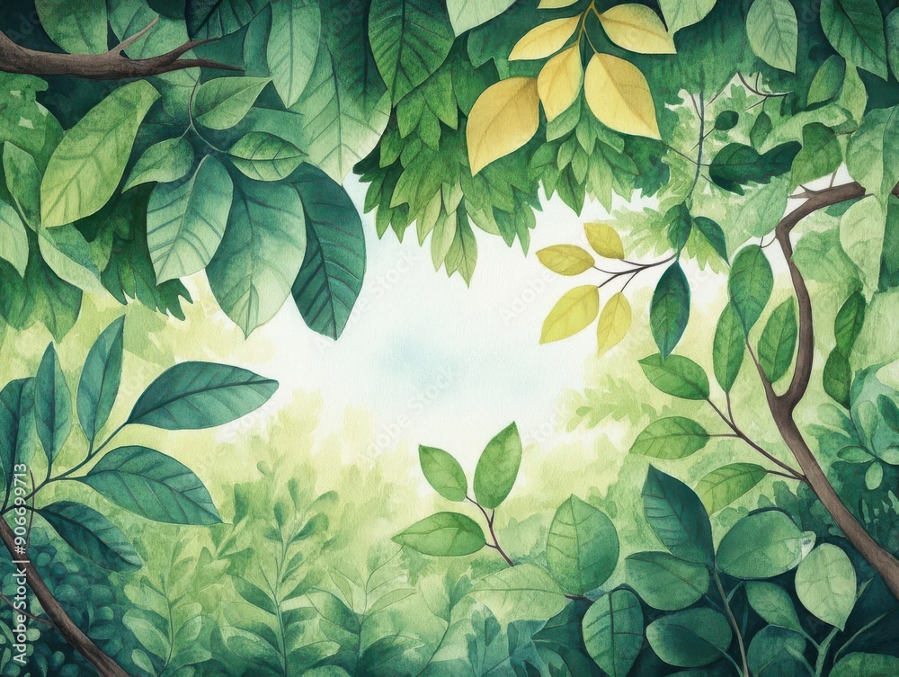 Obraz premium Watercolor Cartoon Illustration of a Cool Shaded Forest Canopy Under Lush Greenery Evoking Serenity and Tranquility