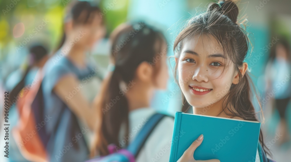 Obraz premium Beautiful Asian college girls pose with books