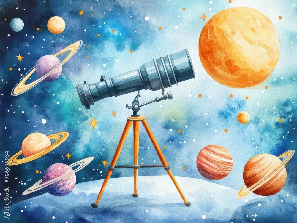 Naklejka premium Cartoon drawing of a telescope viewing deep space in watercolor style with cosmic scenery and nebulae