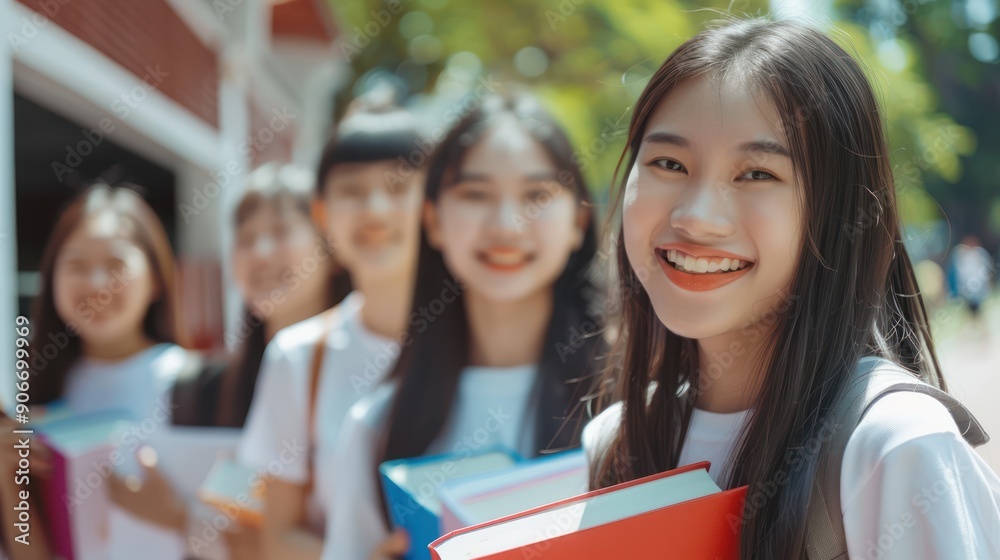 Obraz premium Beautiful Asian college girls pose with books