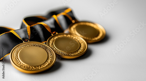 Gold medals hanging on a white background, in an award ceremony style. 