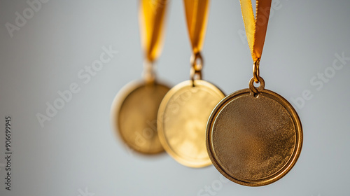 Award ceremony style gold medals hanging against a white background. 