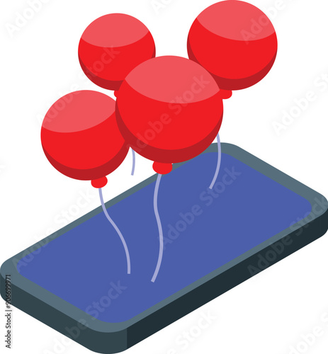 Red balloons floating from smartphone screen symbolizing online party