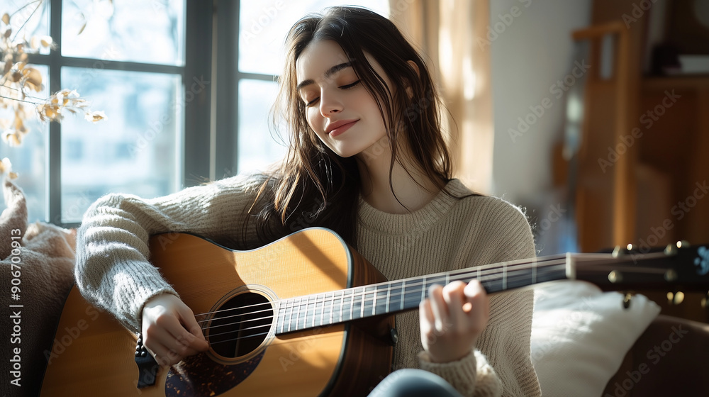 A teenager, seated by the window, plays an acoustic guitar in a sunlit room, radiating a sense of peace and relaxation.
A teenager, seated by the window, plays an acoustic guitar in a sunlit room, radiating a sense of peace and relaxation.