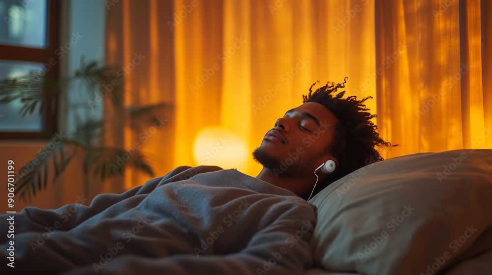 A calm bedroom with a person lying comfortably on the bed, eyes shut, and enjoying music through earbuds.
A calm bedroom with a person lying comfortably on the bed, eyes shut, and enjoying music through earbuds.