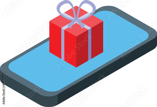 Red gift box with ribbon appearing on smartphone screen representing online shopping and mobile commerce