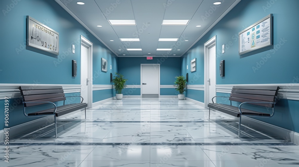 Modern Hospital Corridor with Benches, Blue Walls, and Marble Flooring Under Bright Fluorescent Lighting Modern Hospital Corridor with Benches, Blue Walls, and Marble Flooring Under Bright Fluorescent Lighting