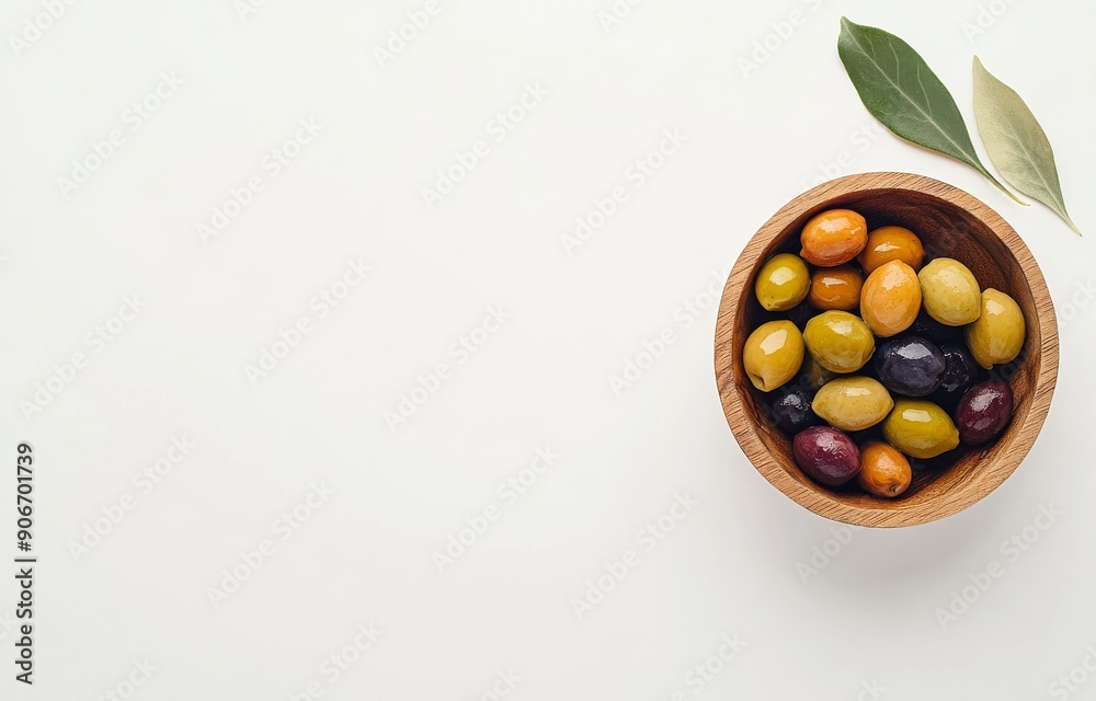 Olives with leaves in a wooden bowl, cut out Olives with leaves in a wooden bowl, cut out