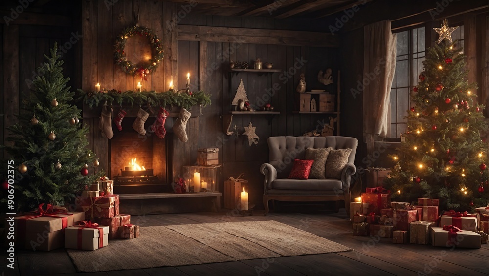 Christmas background with interior of rustic style room Christmas background with interior of rustic style room
