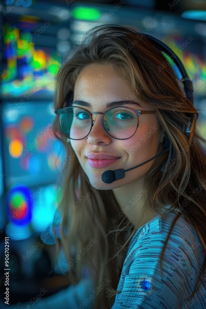 Young Woman with Headset and Glasses Working in a Modern Tech Environment with Multiple Screens Young Woman with Headset and Glasses Working in a Modern Tech Environment with Multiple Screens