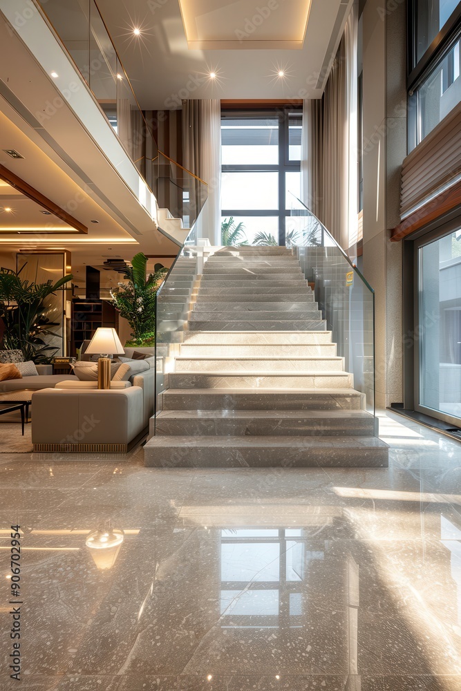 Luxurious Modern Interior with Grand Staircase and Elegant Design Elements in a Spacious Living Area Luxurious Modern Interior with Grand Staircase and Elegant Design Elements in a Spacious Living Area