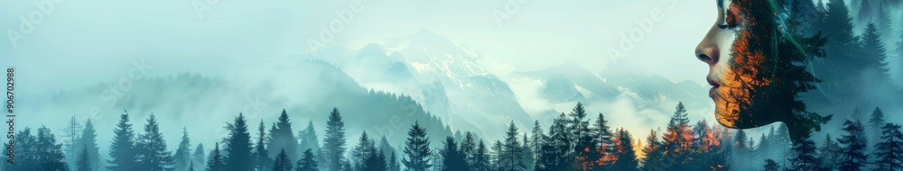 Fototapeta premium Ethereal Double Exposure Portrait: A Woman's Face Merged with Majestic Mountains and Forests, Embracing the Concept of Unity with Nature.