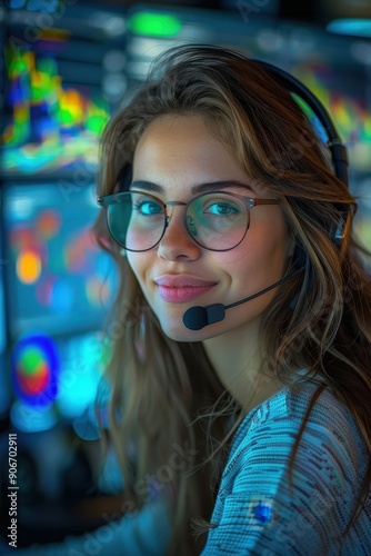 Young Woman with Headset and Glasses Working in a Modern Tech Environment with Multiple Screens