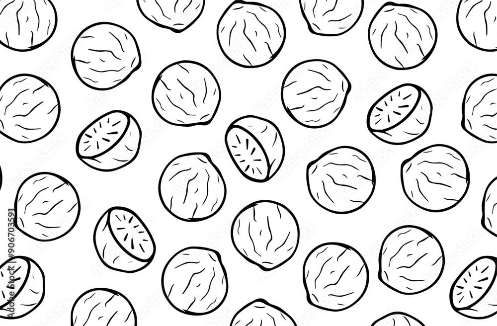 Nutmeg seamless pattern. Aromatic spice black and white background. Vector illustration. Hand drawn seeds wallpaper. Nutmeg seamless pattern. Aromatic spice black and white background. Vector illustration. Hand drawn seeds wallpaper.