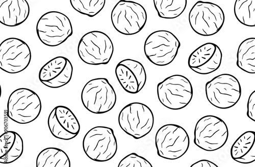 Nutmeg seamless pattern. Aromatic spice black and white background. Vector illustration. Hand drawn seeds wallpaper.  