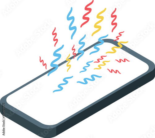 Modern smartphone is emitting colorful signals, symbolizing strong electromagnetic radiation