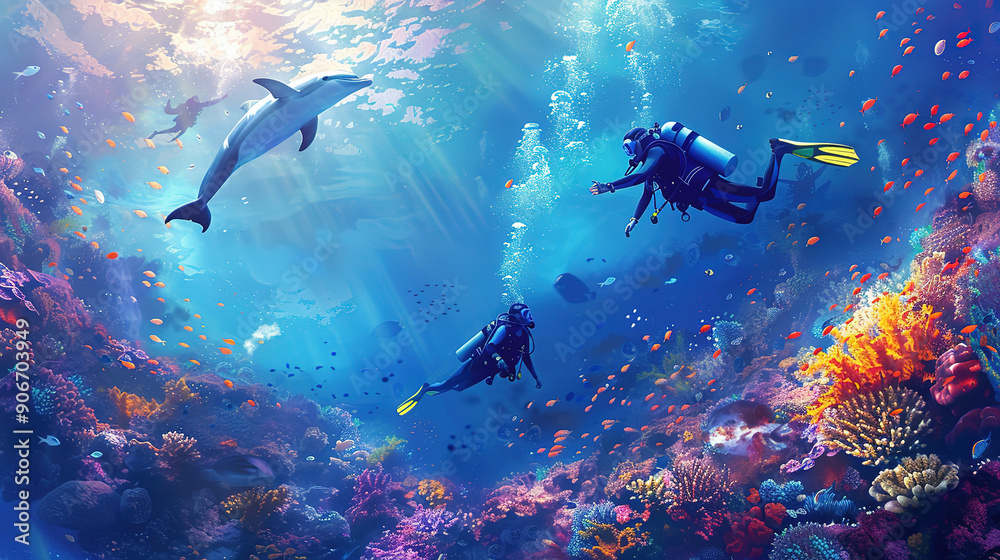 Fototapeta premium Dolphin in the Ocean Underwater Background with Copy Space