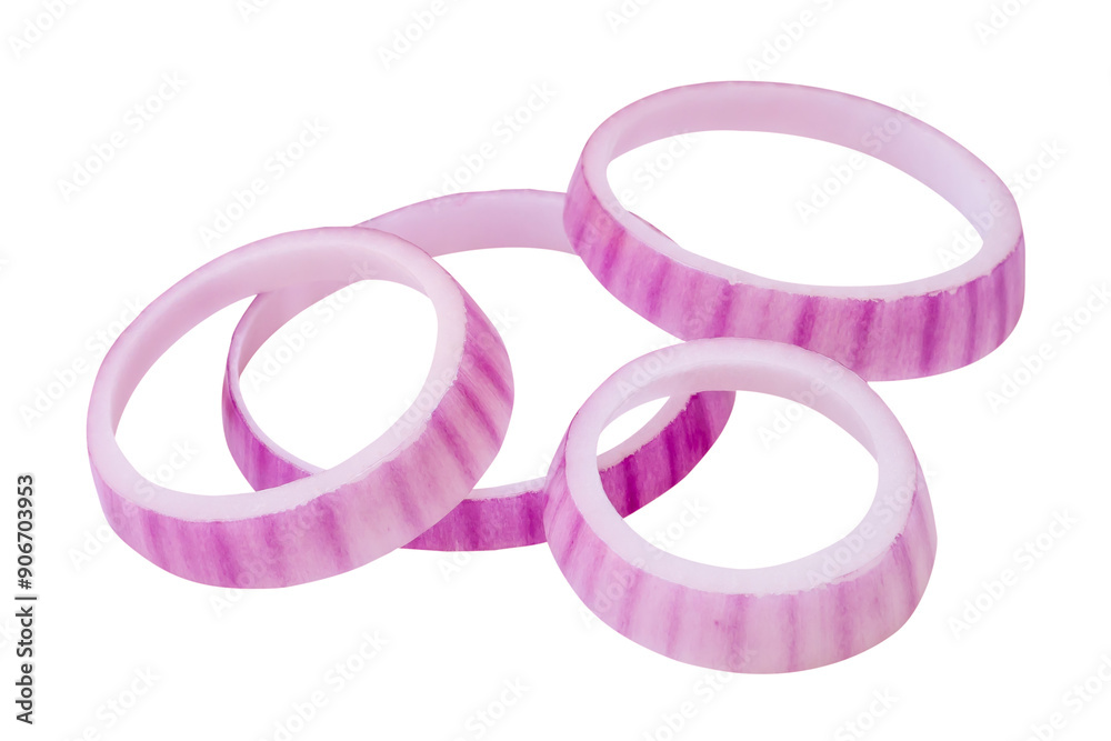 Top view of fresh red or purple onion rings or slices in stack isolated on white background with clipping path Top view of fresh red or purple onion rings or slices in stack isolated on white background with clipping path