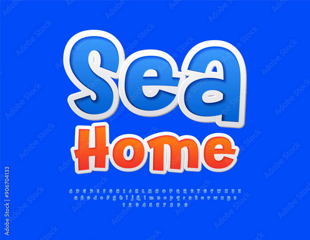 Obraz premium Vector creative banner Sea Home. Playful Blue Font. Funny Bright Alphabet Letters and Numbers set