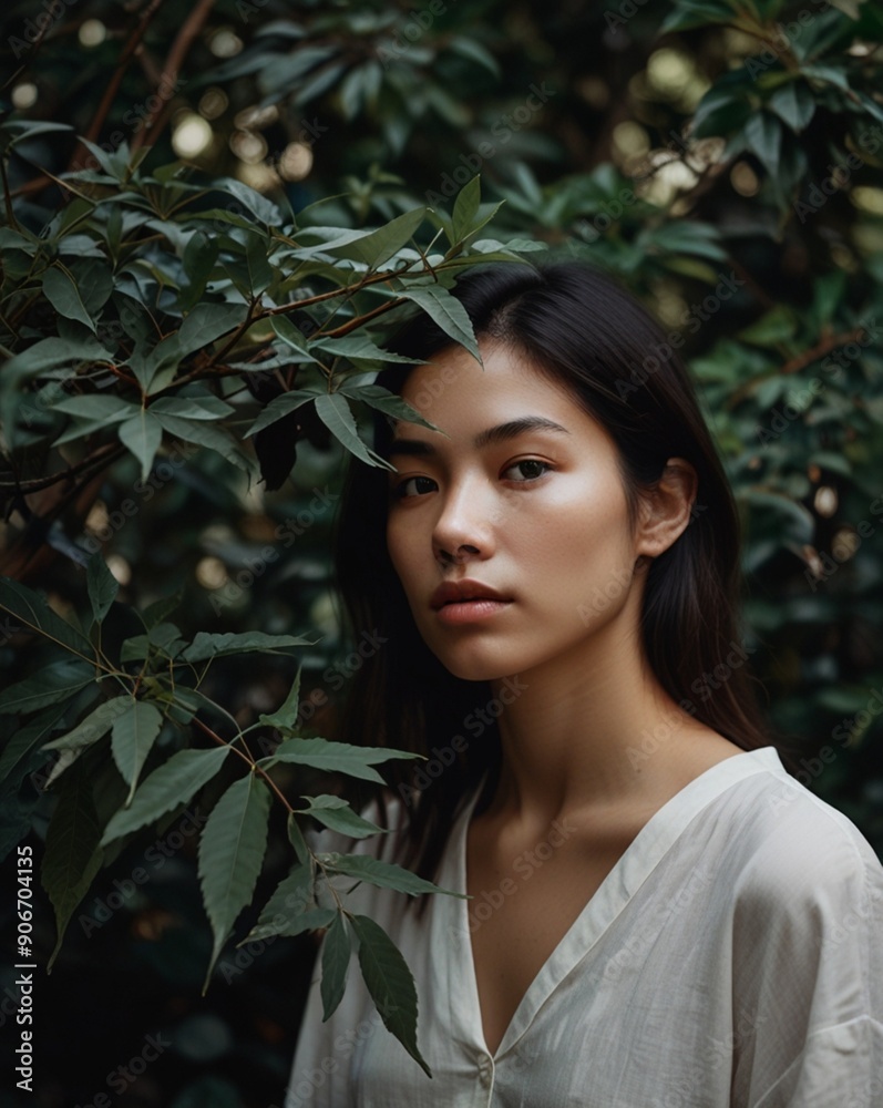 Portrait of a dark-haired girl in a white blouse in the green leaves of a bush
Portrait of a dark-haired girl in a white blouse in the green leaves of a bush