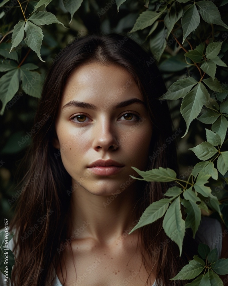 
Portrait of a dark-haired girl in the green leaves of a bush