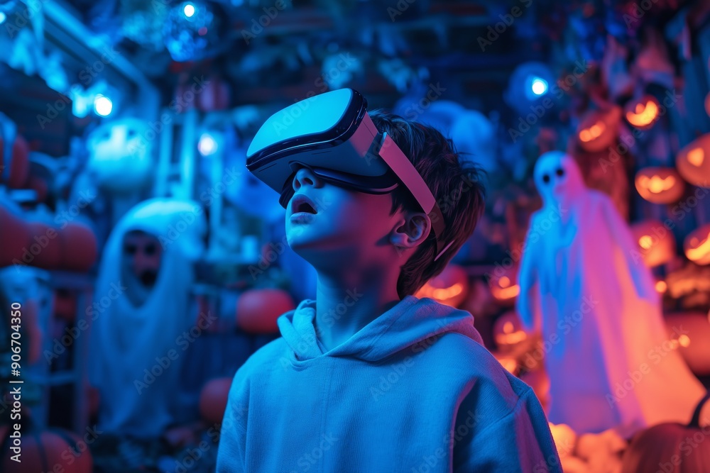 A boy wearing VR glasses is playing in a spooky haunted house, surrounded by ghosts and pumpkins at night A boy wearing VR glasses is playing in a spooky haunted house, surrounded by ghosts and pumpkins at night