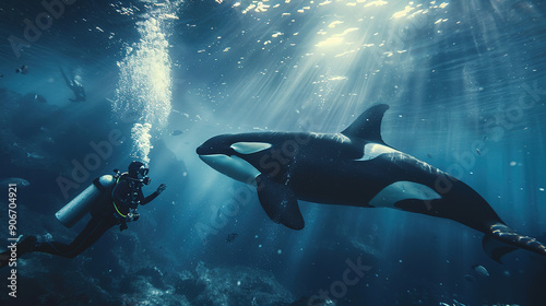 Orca Whale in the Ocean Underwater Background with Copy Space