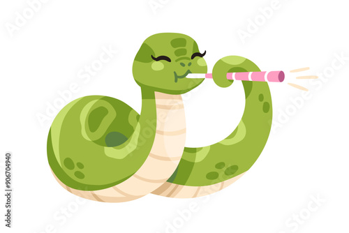 Funny snake playing music. Cute happy animal character holding pipe. Adorable...