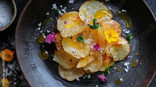 A deconstructed chips dish, with the ingredients like potatoes, oil and salt, artistically arranged on a plate photo