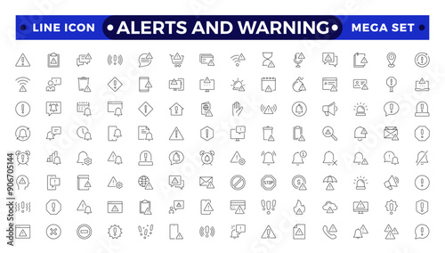 Warning and risk. Set of line icons in linear style. Warning exclamation mark, attention, danger, notice, stop. Alerts and Warning outline icon collection.