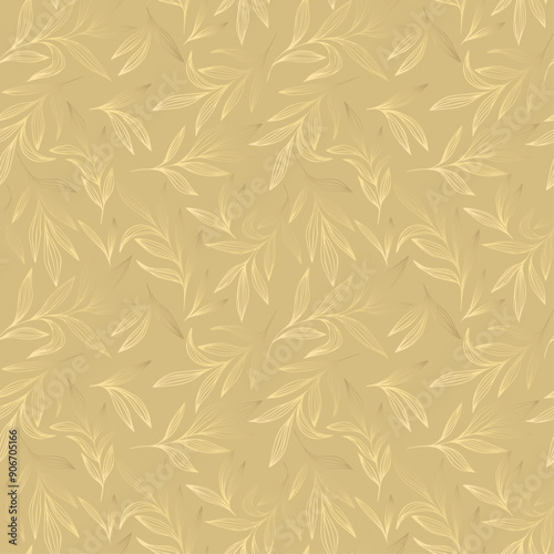Seamless luxury pattern with gold branches in line art style 