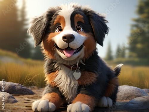 cute Bernese Mountain Dog puppy, cartoon style. 3d.