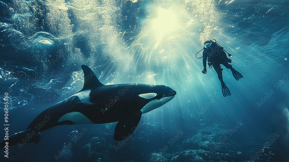 Obraz premium Orca Whale in the Ocean Underwater Background with Copy Space