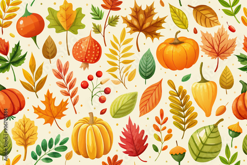 assortment of autumn elements such as pumpkins, leaves, acorns, and berries are scattered across a light background