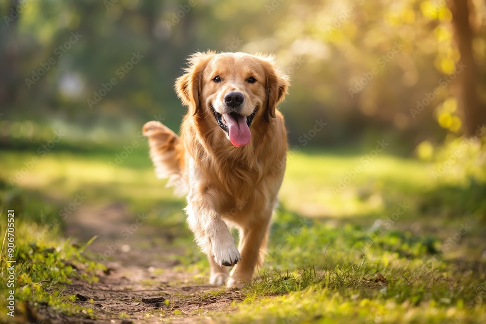 A joyful golden retriever runs along a grassy pathway, illuminated by sunlight, showcasing happiness and vitality in nature. A joyful golden retriever runs along a grassy pathway, illuminated by sunlight, showcasing happiness and vitality in nature.