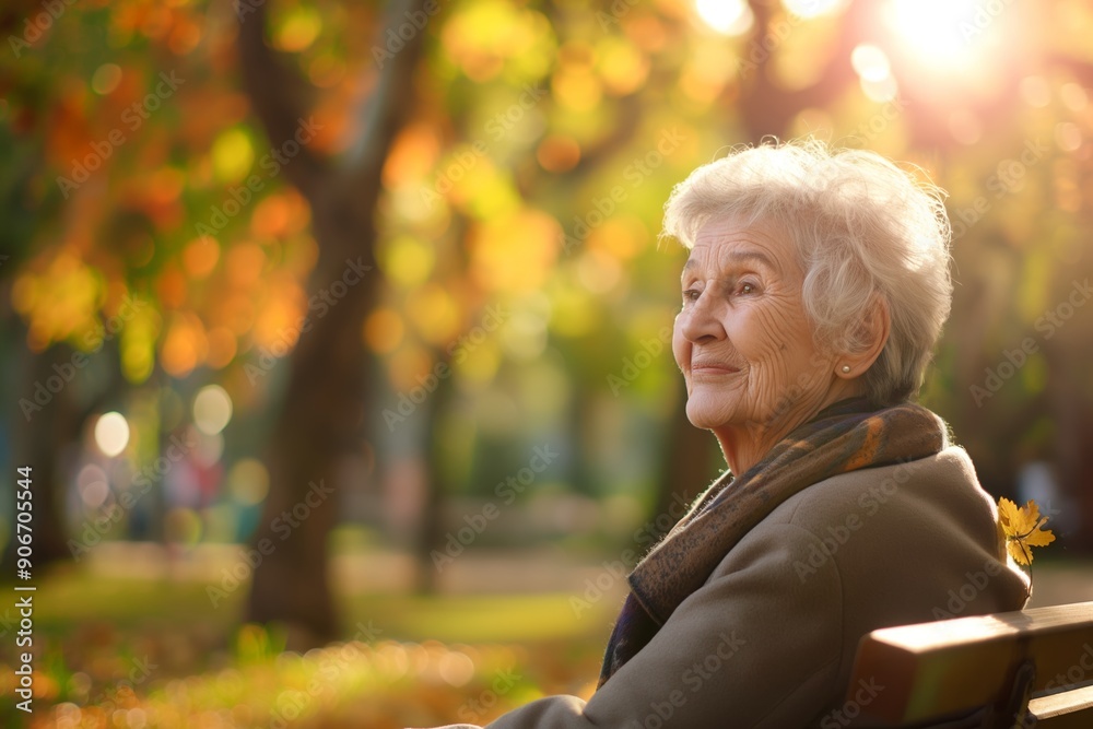 An elderly woman with white hair sitting on a bench at sunset, surrounded by autumn colors in the park. An elderly woman with white hair sitting on a bench at sunset, surrounded by autumn colors in the park.