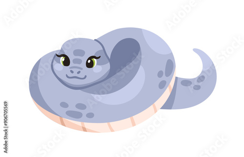 Cute snake. Happy funny cartoon coiled python. Adorable kawaii character, cha...