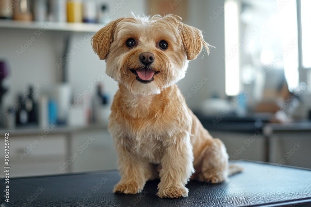 A cheerful dog sits on a grooming table, looking content with its newly groomed appearance. The scene includes grooming tools like clippers and brushes, all arranged neatly in the background. The A cheerful dog sits on a grooming table, looking content with its newly groomed appearance. The scene includes grooming tools like clippers and brushes, all arranged neatly in the background. The