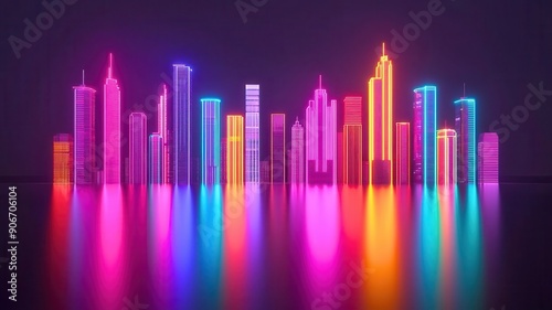 Vibrant night city skyline with neon lights reflecting on water, showcasing modern architecture and colorful ambiance.