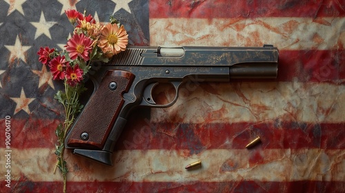 Broken Handgun with Flowers Growing from Barrel Against American Flag Background Symbolizing Debate on Gun Laws in America