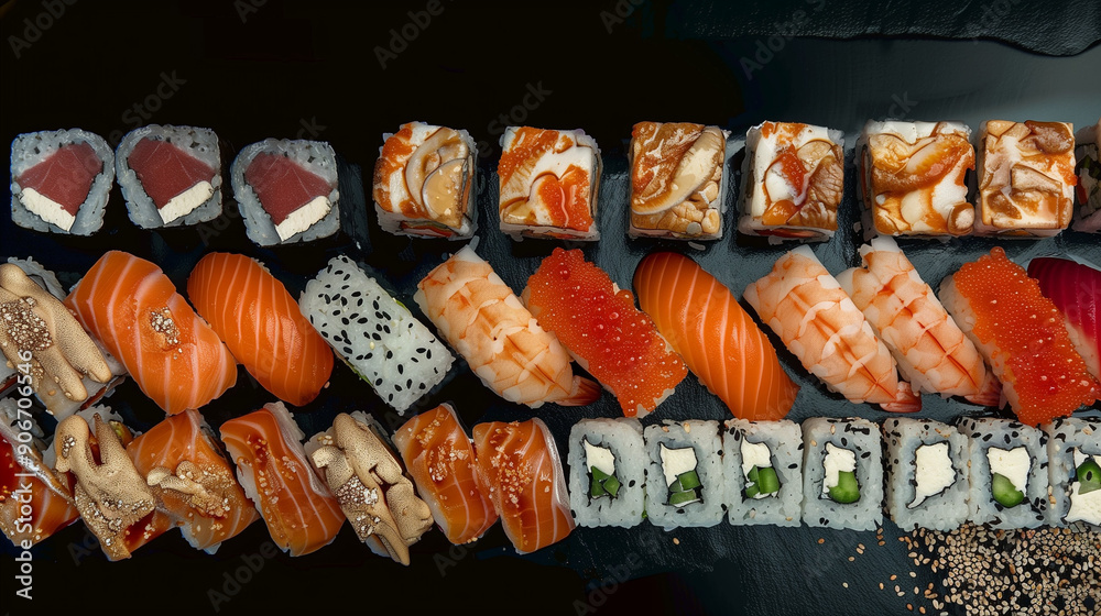 Many different varieties of Shushi on a black background Many different varieties of Shushi on a black background