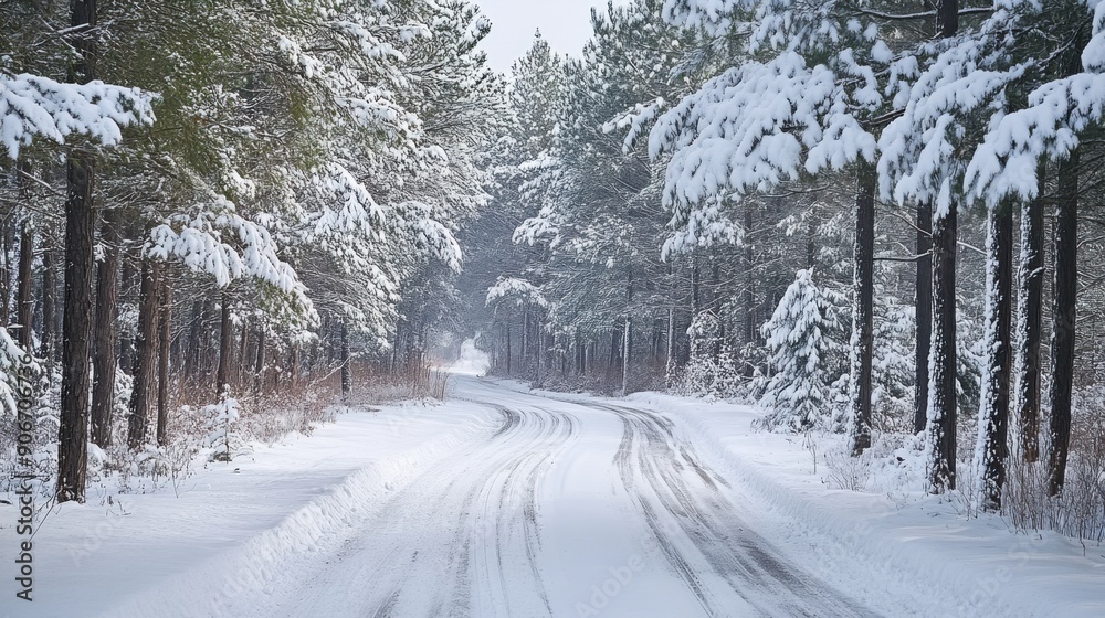 Obraz premium Tranquil Snow-Covered Path Through Enchanting Pine Forest in Winter Wonderland
